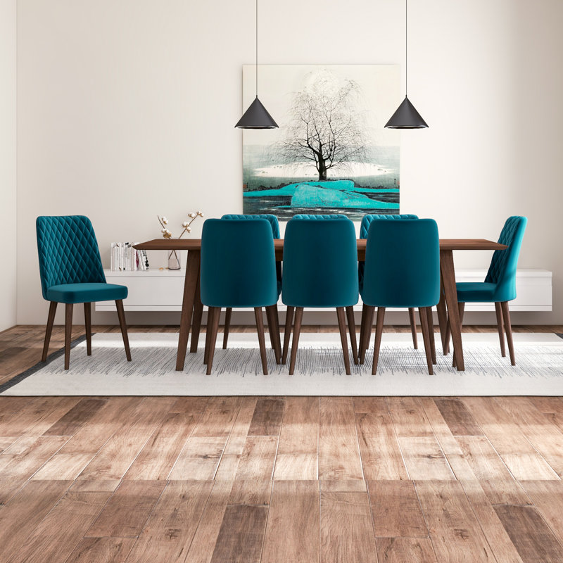 Annabelle 9-Piece Mid-Century Rectangular Dining Set w/ 8 Velvet Dining Chairs, Teal