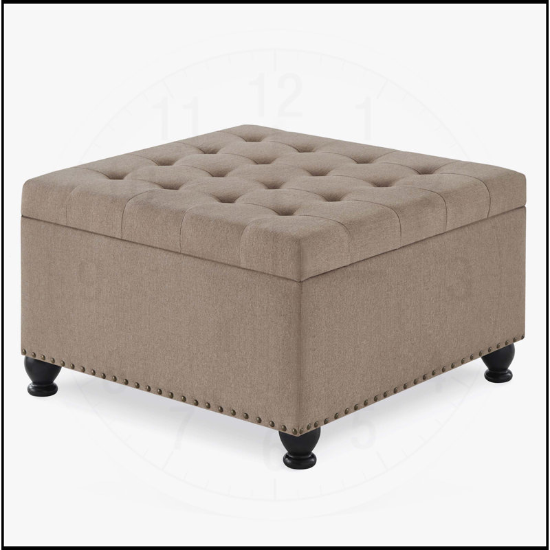 Grand repose-pieds de rangement carré avec pieds en bois, table basse capitonnée à boutons, parfait pour la vie moderne et rangement supplémentaire