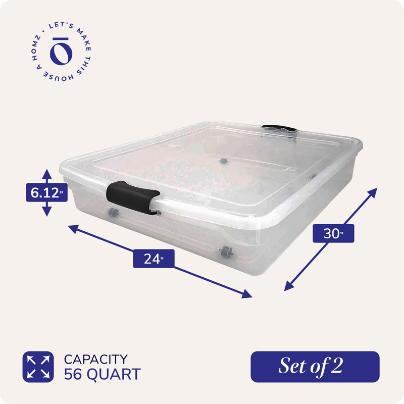 Homz Underbed Secure Latching Clear Plastic Storage Container, Clear/Black, 56 qts., 2