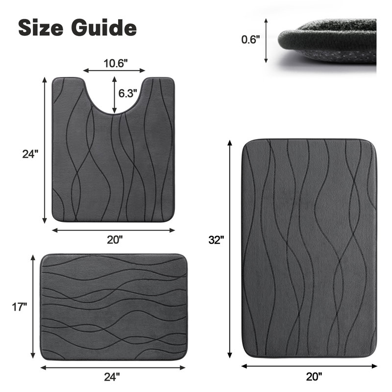 3 Piece Plush Memory Foam Bath Rug Set with Non-Slip Backing and High Absorbency, Dark Gray Geometric