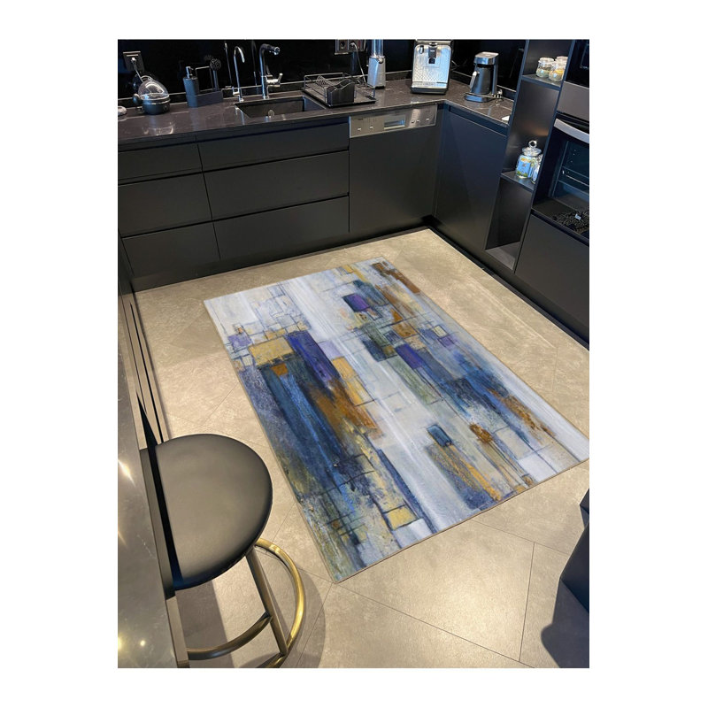 Tapis tissé bleu à motifs lavables à la machine, Sous-tapis rectangulaire 5 pi 1 po x 7 pi 7 po inc