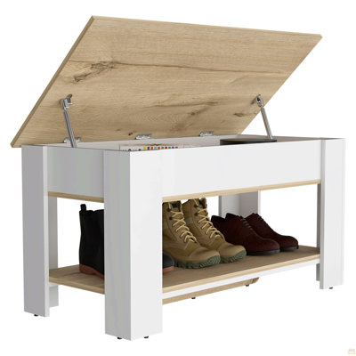 Storage Table Polgon, Extendable Table Shelf, Lower Shelf, Light Oak / White Finish