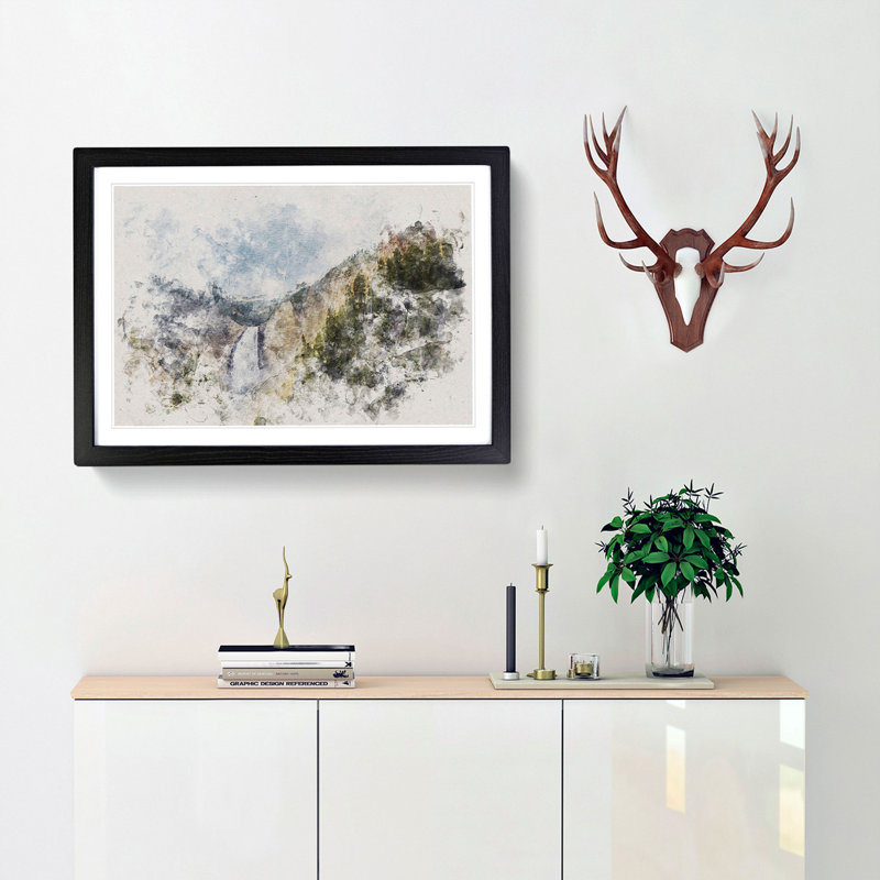 Lower Falls in the Rocky Mountains - Picture Frame Painting Print, 62cm H x 87cm W x 2cm D, Black Framed