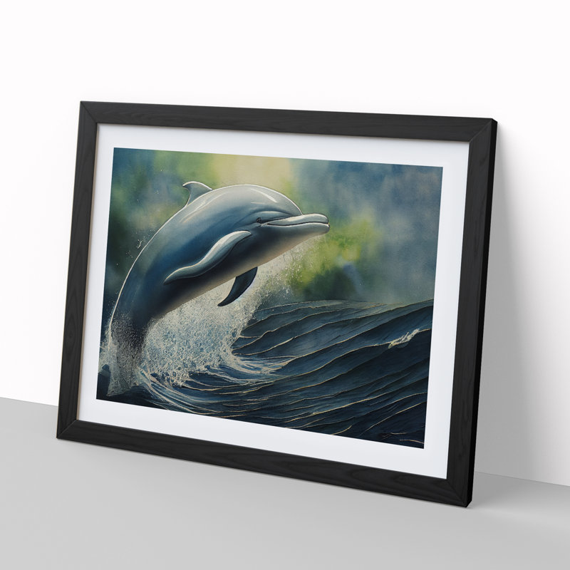 Watercolour Dolphin - Single Picture Frame Painting, 25cm H x 34cm W x 2cm D, Black