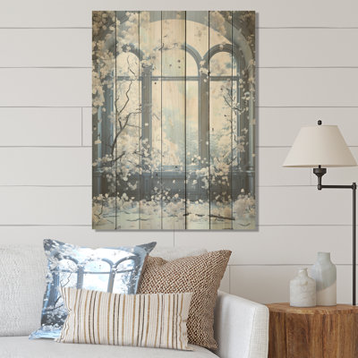 Winter Frosty Curch Window View - Paysage d'hiver sur bois