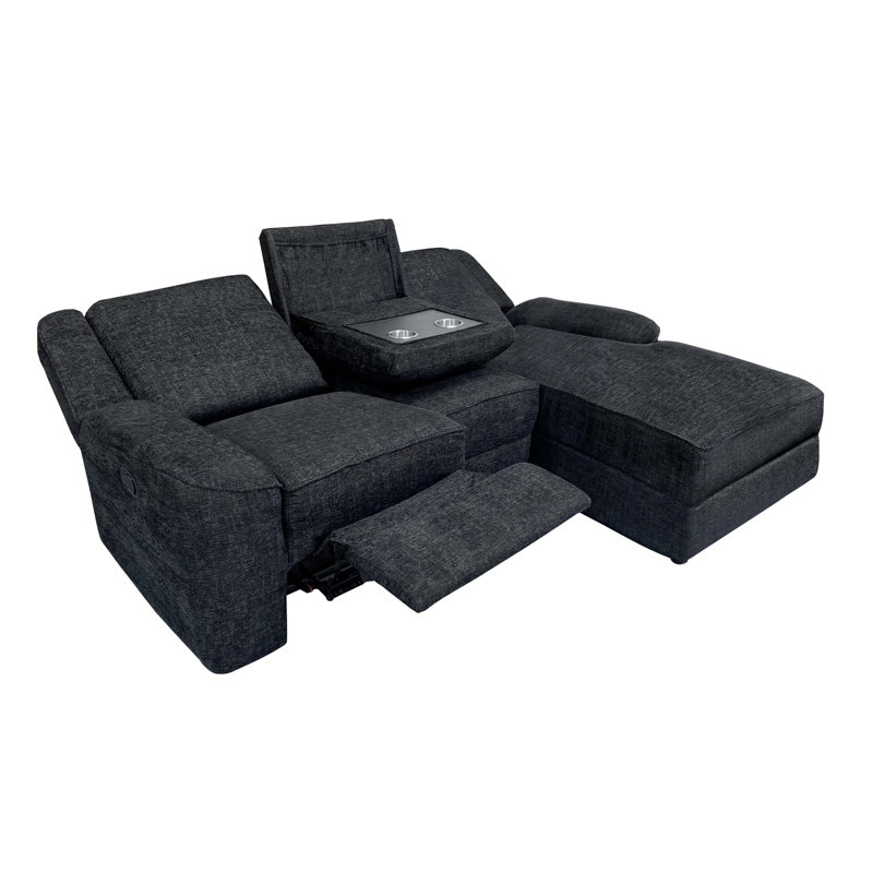 Lashanda 89.5" W Chenille Reclining Sectional with Chaise , Black Chenille
