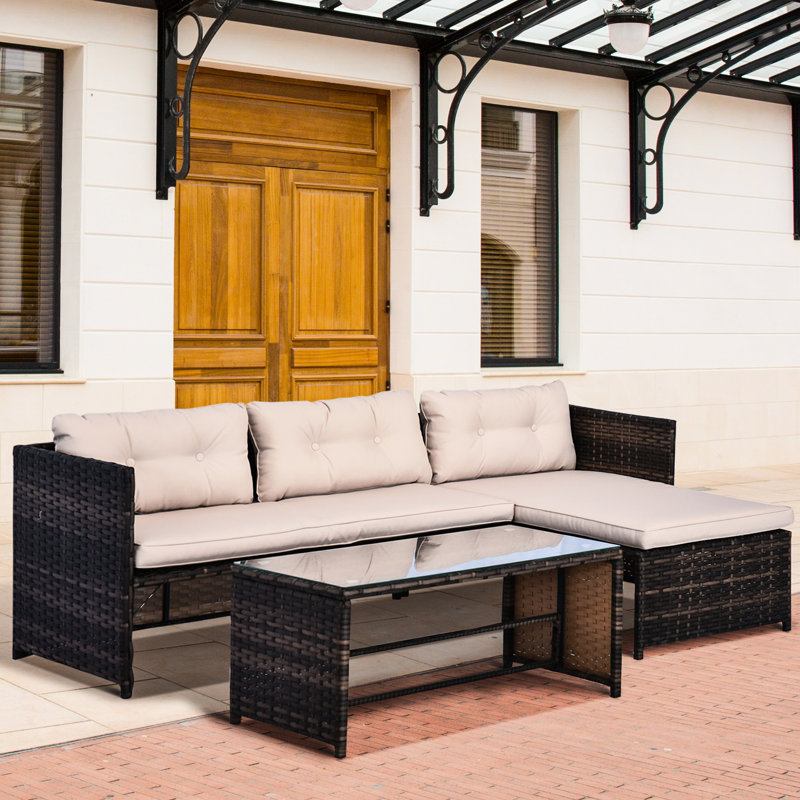 Mobilier de patio 3 pièces - Extérieur avec méridienne, coussins de dossier confortables, table en verre, canapé beige trempé flexible