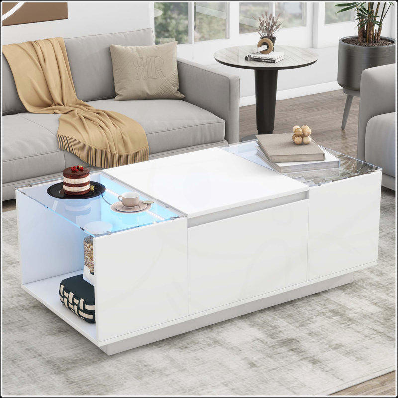 Table basse à DEL, centre de table avec finition brillante et plateau de table en verre, compartiment de rangement ouvert et 2 tiroirs cachés pour le salon