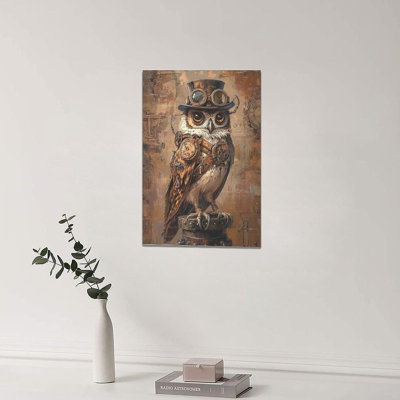 Steampunk Wall Art, Owl Pictures Wall Decor, Retro Steam Punk Bird Canvas Prints Painting, Framed Artwork for Living Room Bedroom Bathroom Office Home Decor 24"x16"