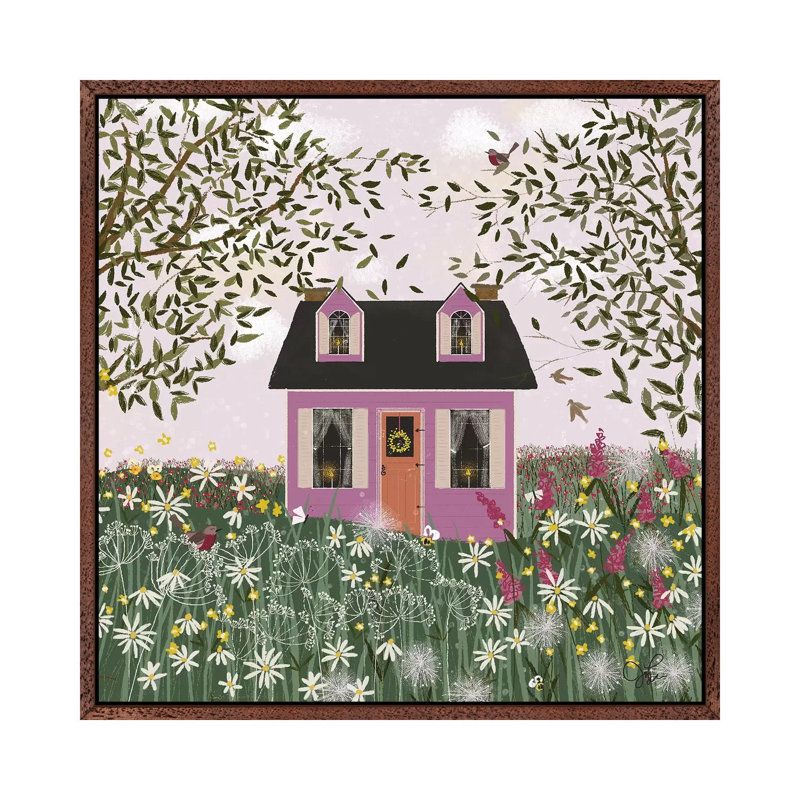 Purple House On A Hill by Joy Laforme - Painting on Canvas, 45.72cm H x 45.72cm W x 3.81cm D, Brown Framed