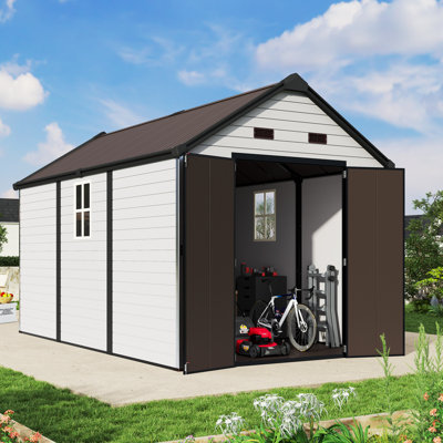 8' x 13.5' Resin Storage Shed with Floor, Lockable Double Doors, Windows & Vents, All-Weather Outdoor Plastic Shed for Garden, Backyard, Patio & Lawn, White/Brown