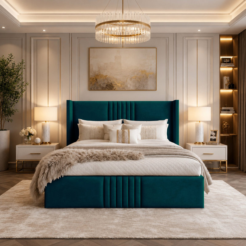 Upholstered Velvet Bed, Double (4'6), Mallard