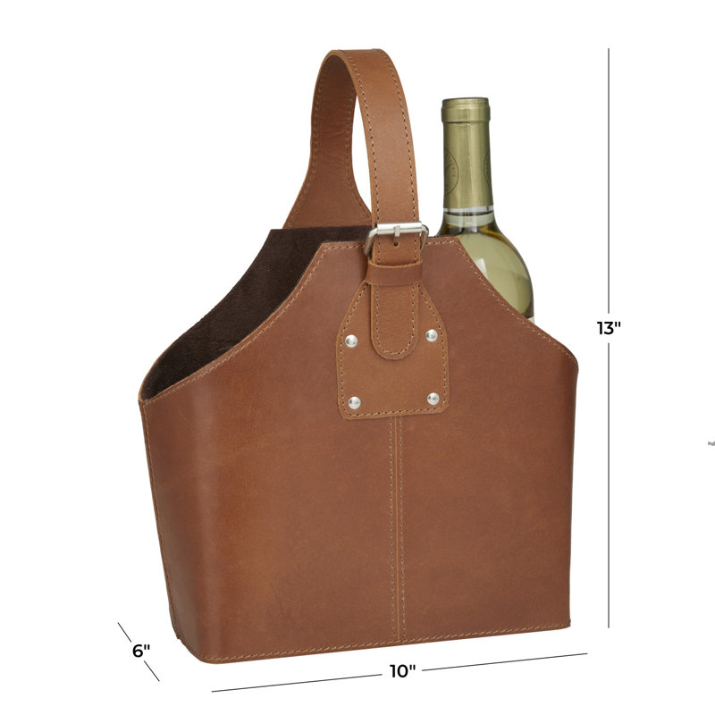 Porte-bouteilles en cuir fait à la main avec 2 bouteilles, H 13,30 po x l 5,65 po x P 10,25 po, Brun clair