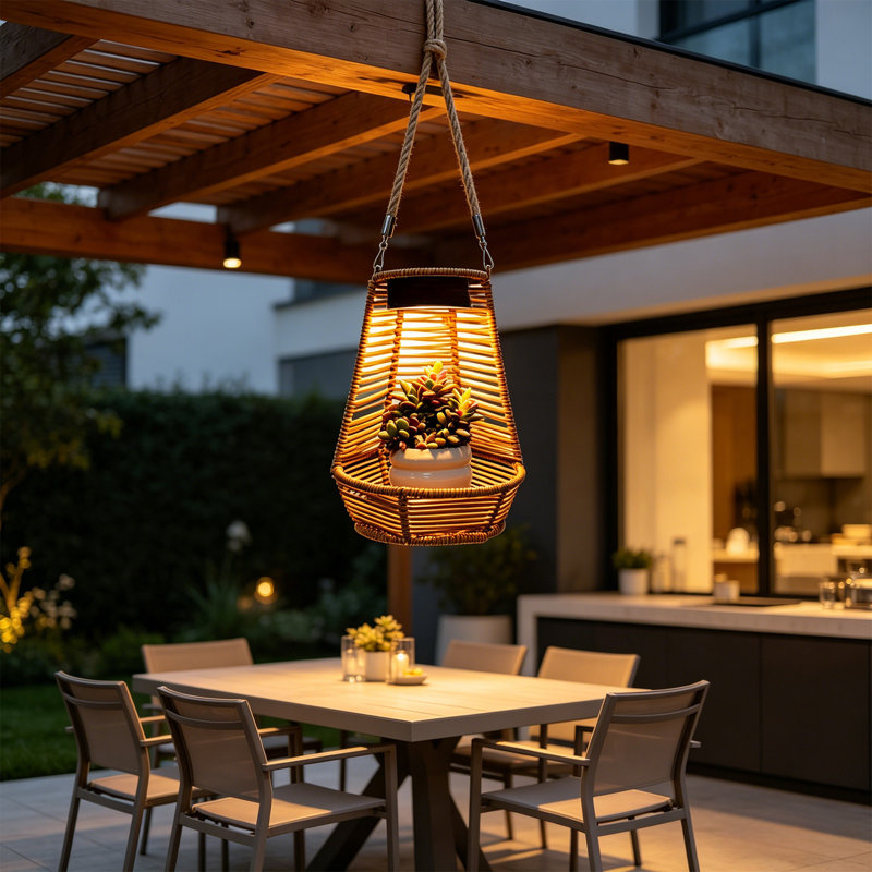Veilleuse de jardin à énergie solaire pour l'extérieur Lampe de jardin en rotin tissée en pot, Coffee