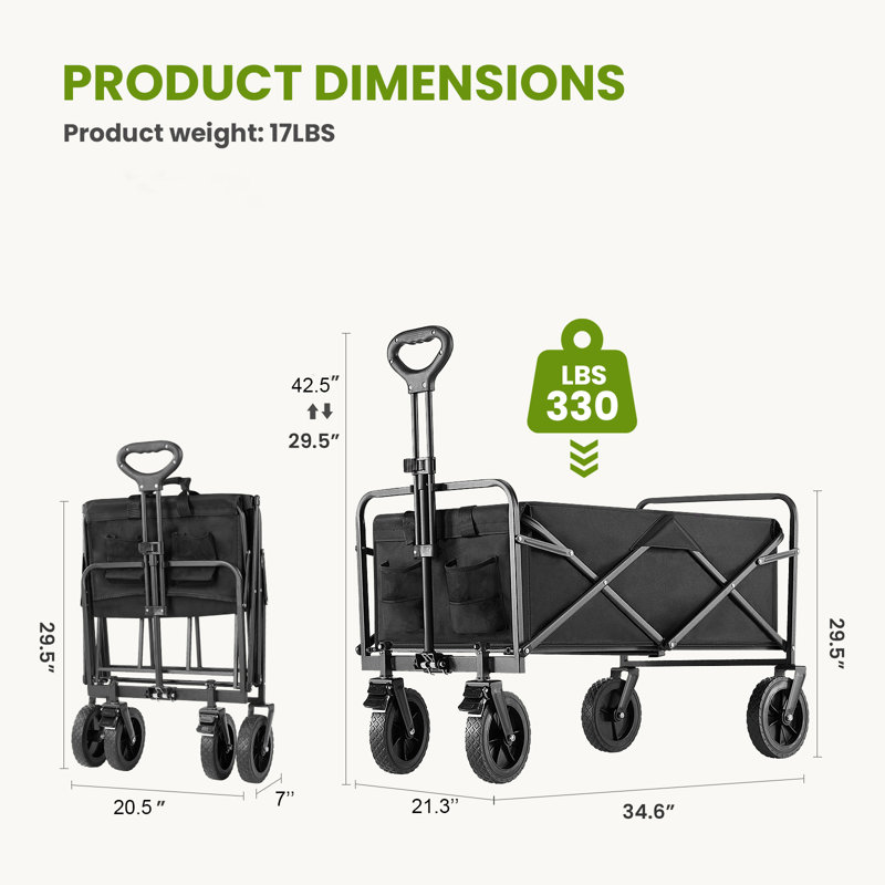 Portable Collapsible Utility Wagon Garden Carts, 42.5" H x 21.3" W x 34.6" D, Black