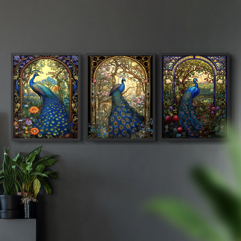 Série Peacock - Ensemble de 3 estampes numériques encadrées - Prêt à être accroché, H 10 po x l 8 po, Noir, noir, noir, noir