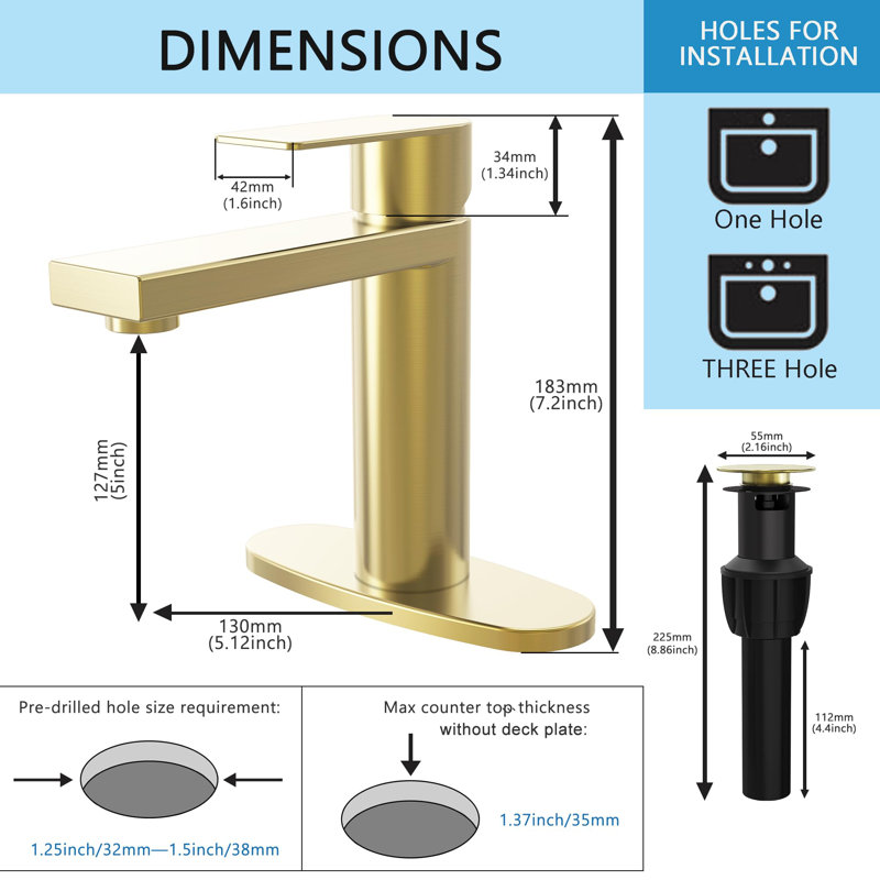 Single-Hole Single-handle Bathroom Faucet with Drain Assembly, Brushed Gold