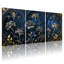 Plantes et fleurs, ensemble de 3 impressions sur toile bleu foncé à motif floral gothique doré-1577130601