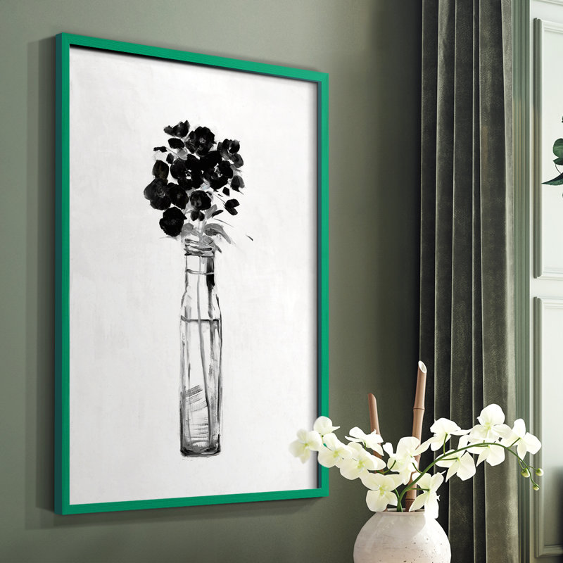 Impression florale noire et blanche sophistiquée I - bois massif, H 10 po x l 8 po, Vert