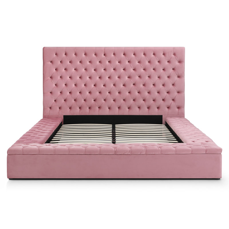 Lit plateforme tapissier Mikara, Rose, Très grand