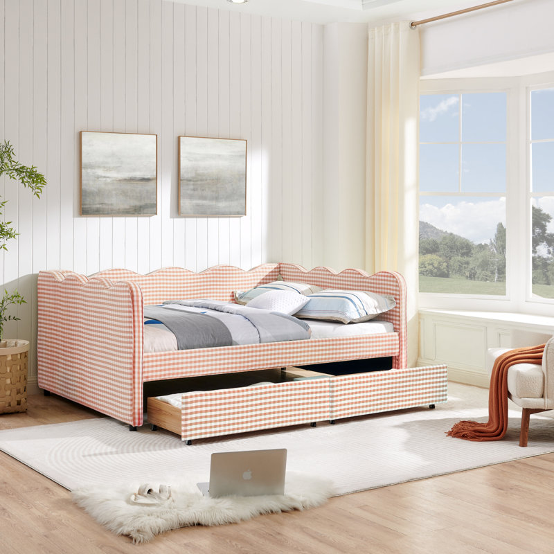 Full Size Cozy Gingham Daybed With Two Storage Drawers, With USB Port And Adorable Wave Shaped, Linen Fabric, Full, Pink