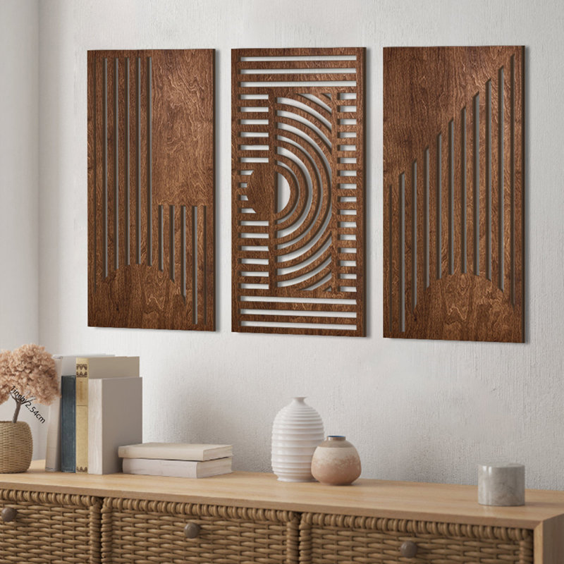 3 Pcs Geometric Wood Wall Art Decor Wooden Minimalist Wall Hanging Decor (8"x16") 3d Hollow Carved Craft Art Set Boho Abstract Wall Sculptures Panels Decoration For Home Living Room Bedroom Kitchen