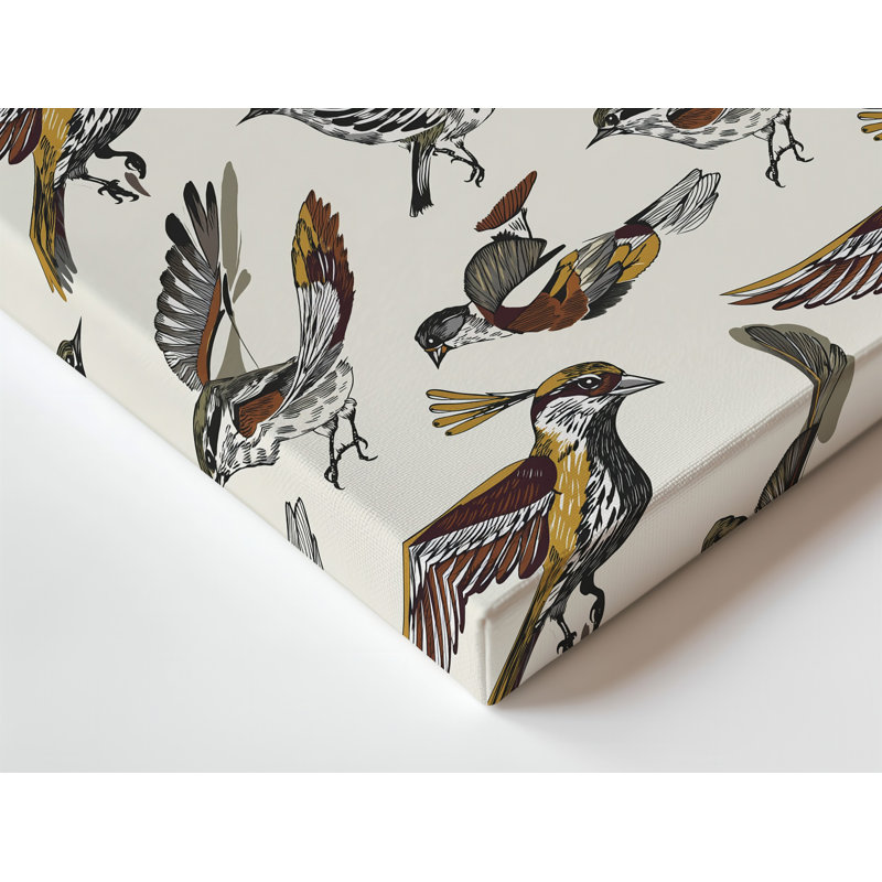 La toile crée un motif sans couture mettant en vedette une variété d'oiseaux stylisés en vol mettant en vedette des lignes complexes et des toiles détaillées