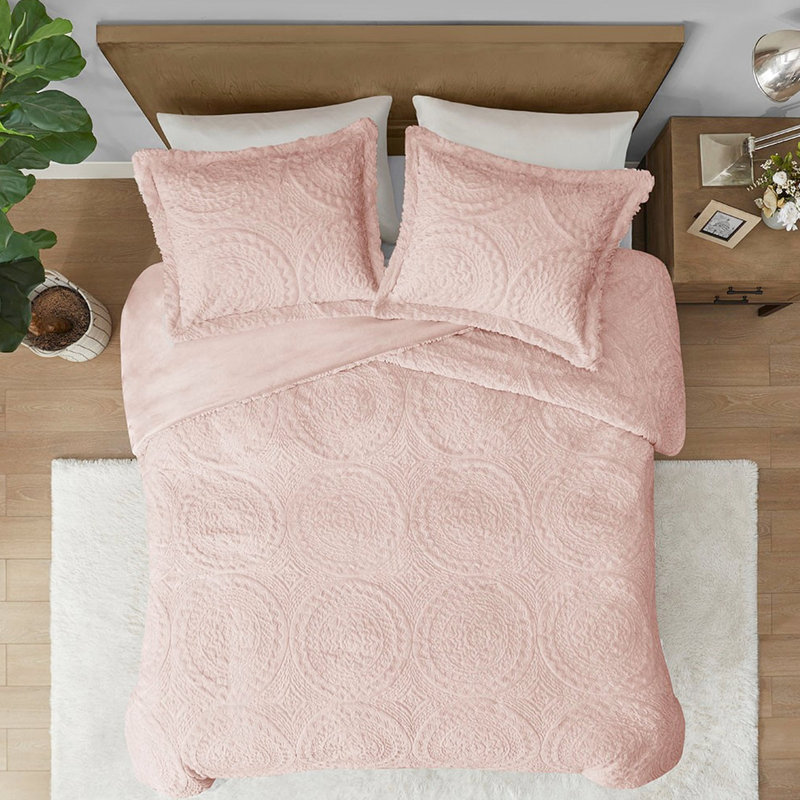 Mini édredon en fausse fourrure brodée à motif médaillon très grand / très grand de couleur rosée pour lit