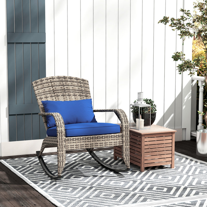 Chaise berçante, bleu foncé avec coussin de siège et coussin élégants, dossier haut pour le jardin, porche, balcon