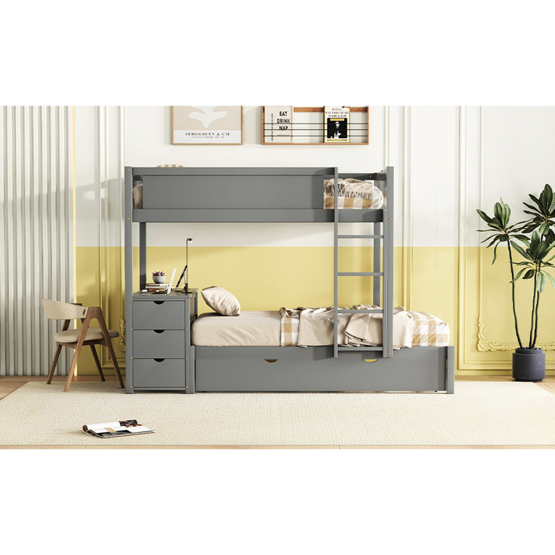 Élégant lit superposé gris avec bureau, rangement et lit gigogne simple