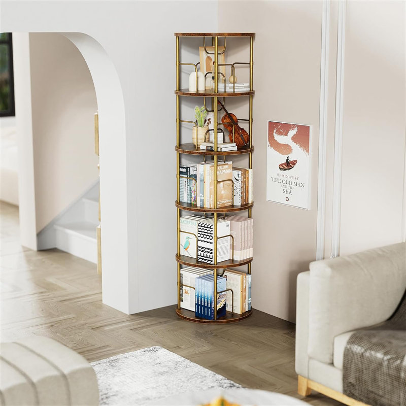 Mykelti Etagere Bookcase, (5 Shelves) 63" H x 18" W x 18" D, Brown/Gold