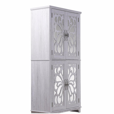 Four-door Mirrored Storage Cabinet With Adjustable Shelves, Serving As Both Display Cabinet And Bookshelf