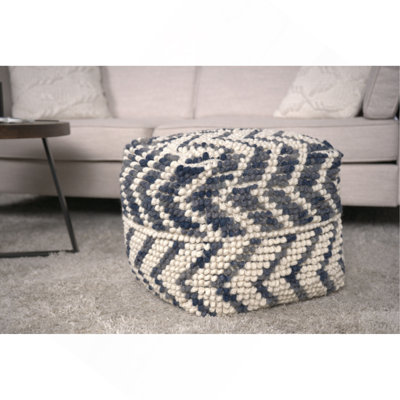 Pouf en laine et coton Alina, naturel et bleu