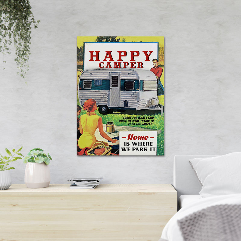 «A Family Camping - Happy Camper, Home Is Where We Park It», reproduction d'art graphique sur toile tendue 1 pièce