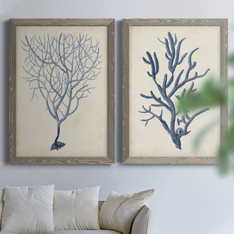 Indigo Coral III - ensemble de 2 reproductions d'art encadrées, H 31,5 po x l 47 po x P 1,5 po, Toile avec cadre gris