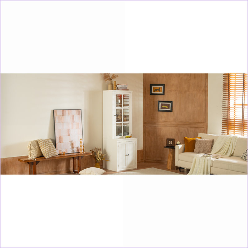 Cabinets | Snow White Farmhouse Freestanding | 75.25'' Tall | Tempered Glass Door | Double-Action | MDF | Living Room