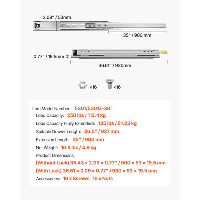 Heavy-Duty Drawer Slides 36inch, 1 Pair Locking Drawer Slides 250lbs Load Capacity, 3-Fold Full Extension, Side Mount Ball Bearing