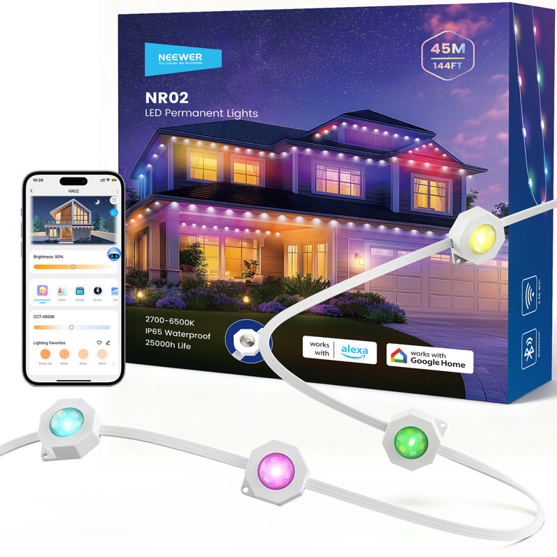 144ft Permanent Outdoor Lights for House Decor, Smart AI RGBCW Outside Eaves String Christmas Lighting with 90 LED Lights App Control 53 Scenes IP67 Waterproof, Compatible with Alexa, NR02