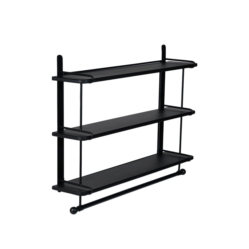Wood And Metal Wall Shelf With Rod And 3 Tiers