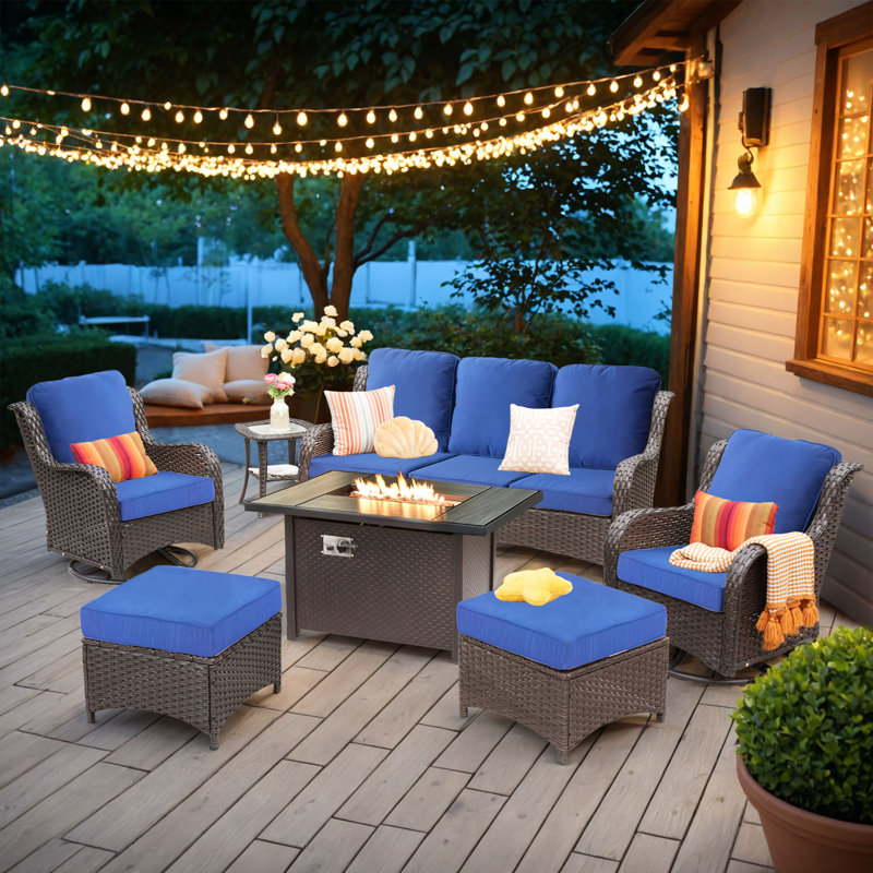 7 - Person Patio Furniture Set with Swivel Rocker, Outdoor Wicker Rattan Seating Group with Cushions, All Weather Sofa Conversation Set with Fire Pit Table for Garden Backyard