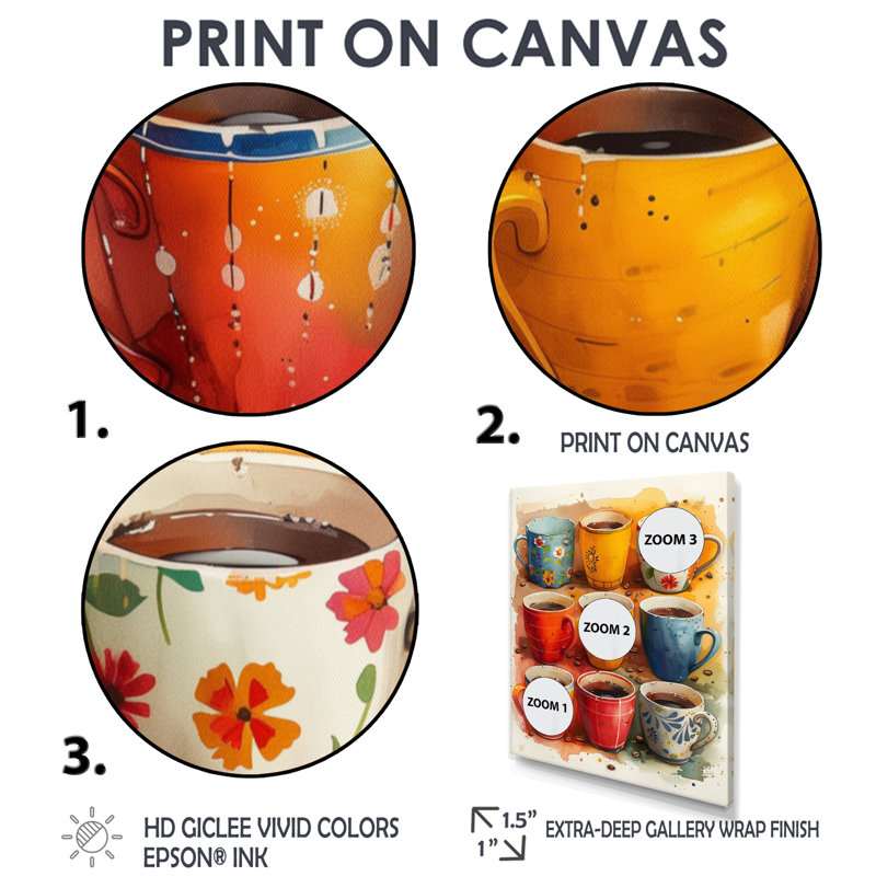 Tasse de café rouge et bleu Boho Morning II - café, art mural, Cadre simple noir, H 30 po x l 40 po