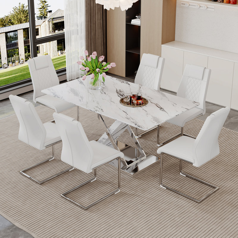 Lenorris 63'' L Imitation Marble Cross Leg Frame Silver Metal Base Dining Table Set, White