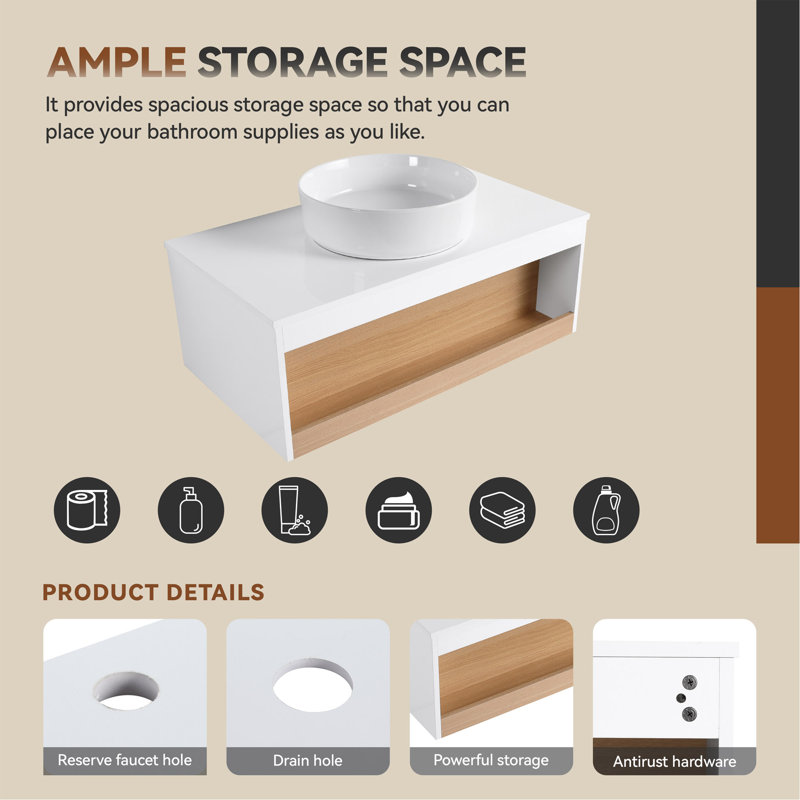 Meuble-lavabo flottant 36 po avec lavabo vasque rond blanc brillant, meuble-lavabo mural avec tablette ouverte, finition blanche avec comptoir durable, conception moderne peu encombrante (livré dans 2 boîtes)