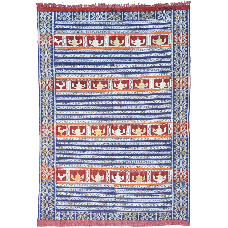 One-of-a-Kind Rectangle 4'2" X 6' 1990s Wool Area Rug Blue/Red/White/Beige
