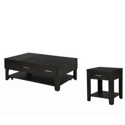 Ensemble de 2 tables basses bout en bois de frêne avec tiroir supérieur en verre trempé Bruno