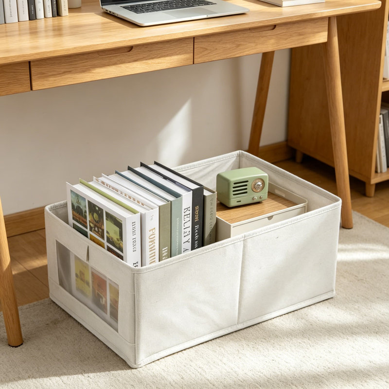 Ensemble de 4 bacs de rangement en lin avec fenêtre transparente, grands organisateurs de placard pliables et contenants de rangement pour vêtements, jeans, jouets, livres, tablettes, garde-robe