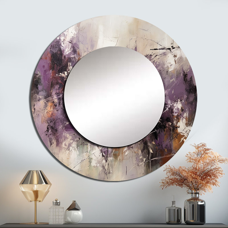 Prassede Modernist Expressions V - Midcentury Modern Unique Wall Mirror Decor, Purple Large Mirror, Printed Metal Art, Round