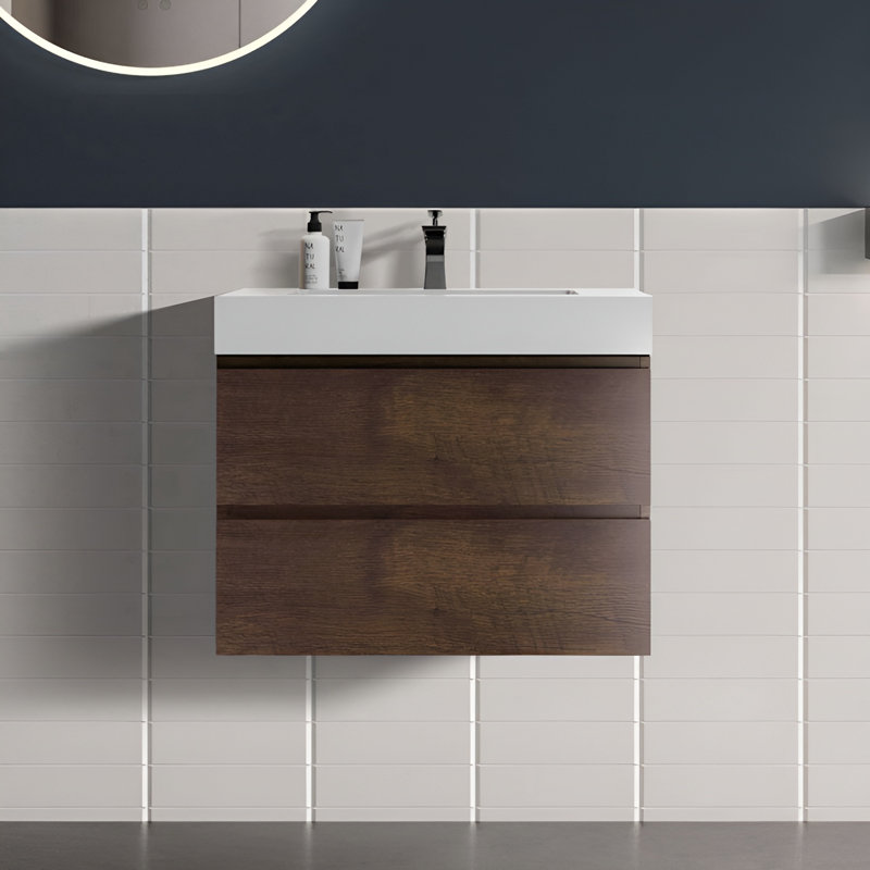 Meuble-lavabo mural simple de 30 po avec comptoir à surface solide avec trop-plein, pré-assemblé, Noyer, 30", Blanc