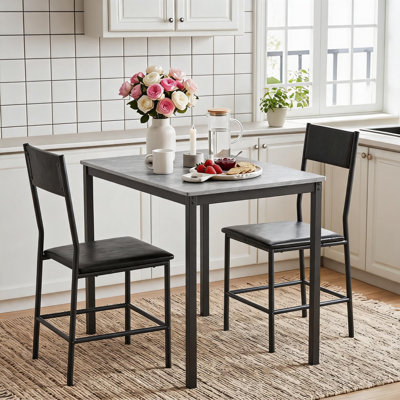 3-Piece Industrial Dining Table Set, Rustic Vintage Wood Grain Rectangular Table with 2 Black PU Padded Chairs, Compact Metal Frame Dinette Furniture for Small Apartment Kitchen Nook