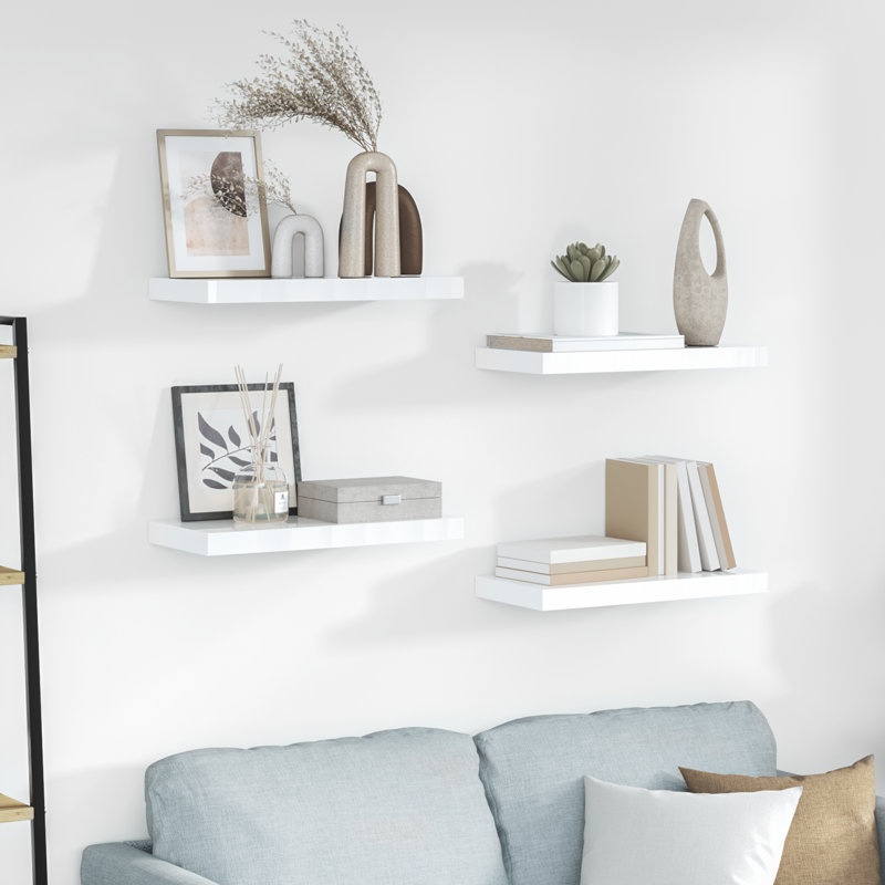 Wall Shelf  Wall Mounted Display Shelf for Photo Frame Set of 4, 1.5" H x 19.7" W x 9.1" D, High Gloss White, 4